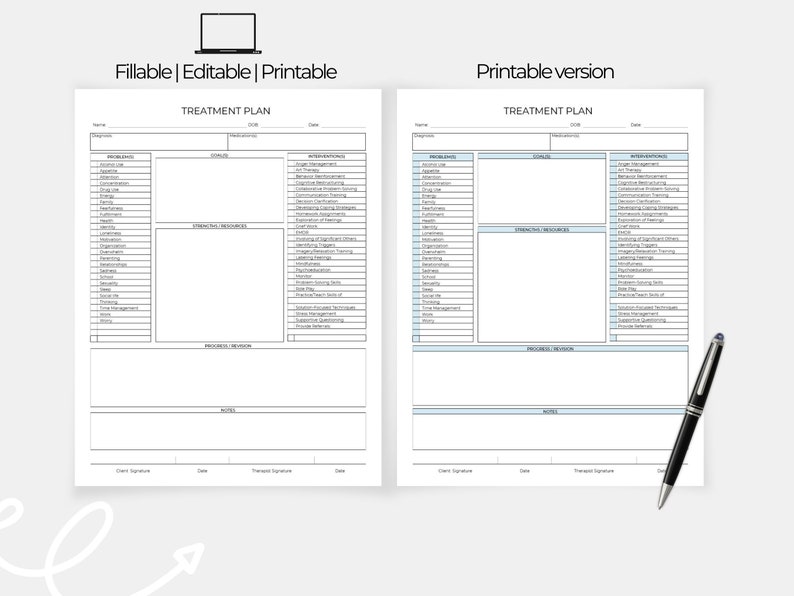 May include: A printable treatment plan template with sections for diagnosis, goals, interventions, essential resources, progress/revision, and notes. The template is designed for therapists or counselors to use with clients.