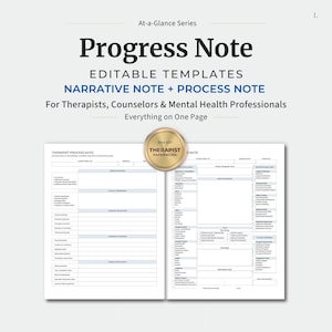 May include: Editable progress note templates for therapists and counselors, featuring a narrative note and process note on one page. The document includes sections for client name, date, session overview, clinical impressions, and treatment plans.