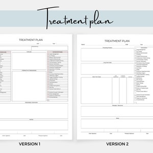 May include: Two black and white printable treatment plan templates. The first template has a list of presenting problems, goals, interventions, strengths, and resources. The second template has sections for presenting problems, long term goals, short term goals, strengths, and resources.