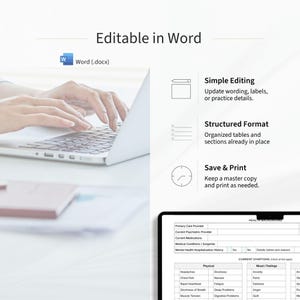 K&ouml;nnte beinhalten: Eine digitale Gesundheitsformular-Vorlage, die in Microsoft Word bearbeitbar ist. Das Dokument enth&auml;lt strukturierte Tabellen f&uuml;r die Prim&auml;rversorgung, Medikamente und aktuelle Symptome, einschlie&szlig;lich physischer und emotionaler Kategorien.