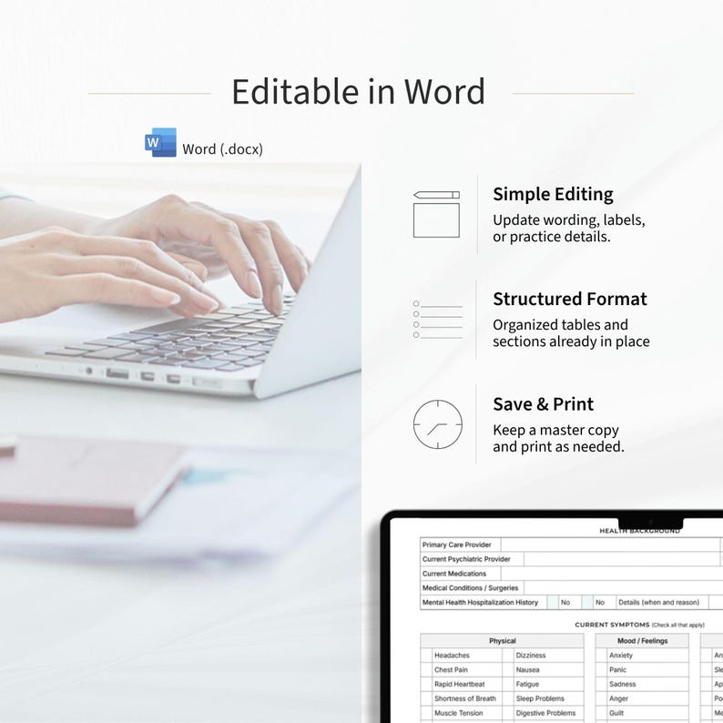 K&ouml;nnte beinhalten: Eine digitale Gesundheitsformular-Vorlage, die in Microsoft Word bearbeitbar ist. Das Dokument enth&auml;lt strukturierte Tabellen f&uuml;r die Prim&auml;rversorgung, Medikamente und aktuelle Symptome, einschlie&szlig;lich physischer und emotionaler Kategorien.