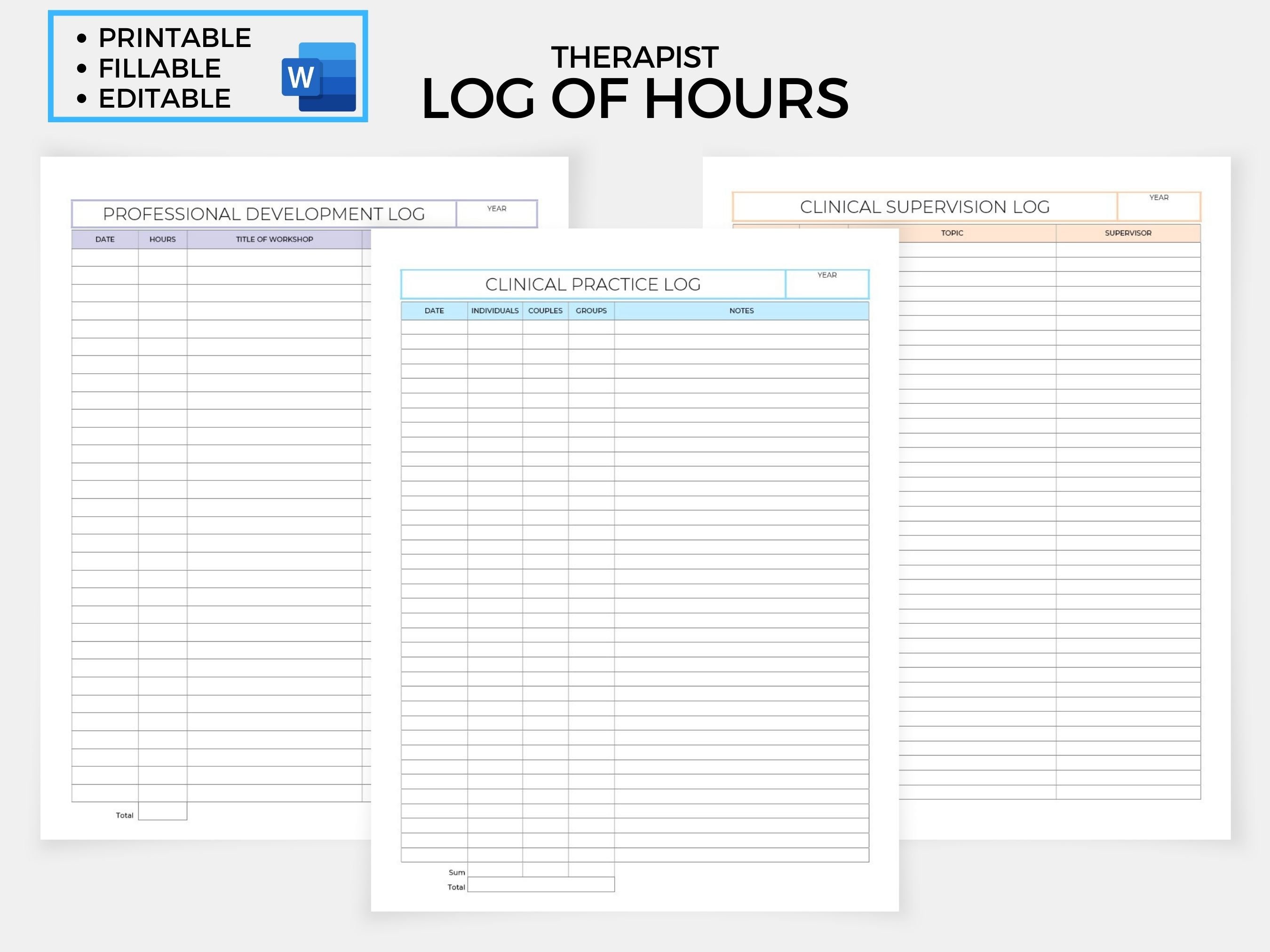 Therapist Log of Hours Psychotherapist Log Counselor Log Etsy