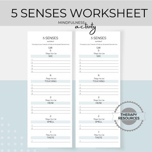May include: A printable worksheet for a mindfulness activity. The worksheet is titled "5 Senses Worksheet" and features a list of five senses: sight, touch, hearing, smell, and taste. The worksheet is designed to help people focus on their senses and be present in the moment.