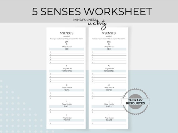 5 Senses Worksheet, Mindfulness Activity, Acceptance and Commitment Therapy, Reducing Anxiety Worksheet