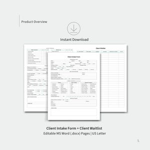 K&ouml;nnte beinhalten: Ein digitales Dokumentenset mit einem Klienten-Aufnahmeformular und einer Klienten-Warteliste. Die Formulare sind in schwarzem Text auf wei&szlig;em Papier gedruckt und mit strukturierten Feldern f&uuml;r demografische Daten und Gesundheitsdaten versehen.