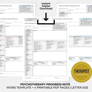 Op de afbeelding: Vier afdrukbare pagina's van een sjabloon voor een psychotherapie-voortgangsnotitie. Het sjabloon bevat secties voor cli&euml;ntinformatie, het presenterende probleem, subjectief, objectief, beoordeling, interventies en de status van de cli&euml;nt. Het sjabloon is ontworpen voor therapeuten om de voortgang van de cli&euml;nt te documenteren.