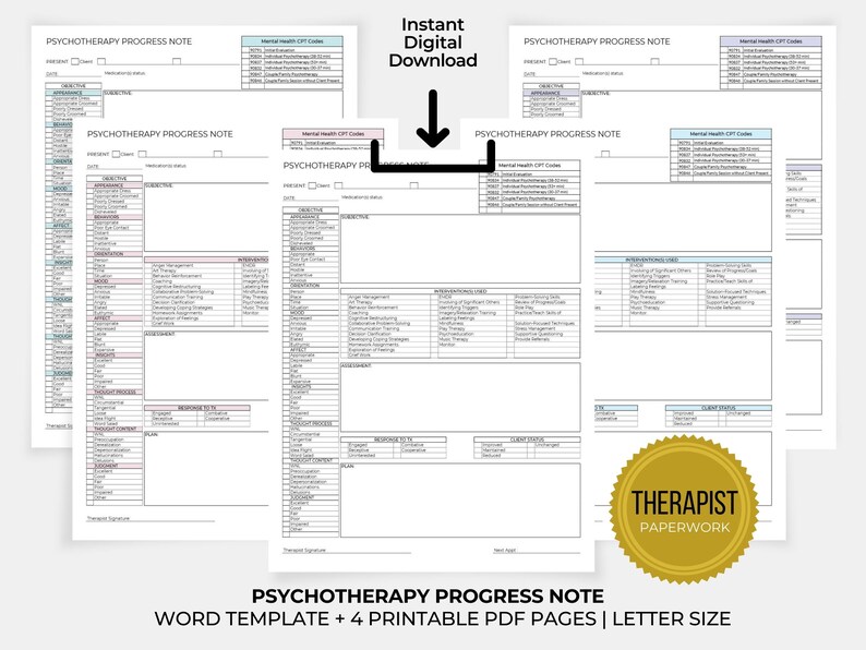 Op de afbeelding: Vier afdrukbare pagina's van een sjabloon voor een psychotherapie-voortgangsnotitie. Het sjabloon bevat secties voor cli&euml;ntinformatie, het presenterende probleem, subjectief, objectief, beoordeling, interventies en de status van de cli&euml;nt. Het sjabloon is ontworpen voor therapeuten om de voortgang van de cli&euml;nt te documenteren.