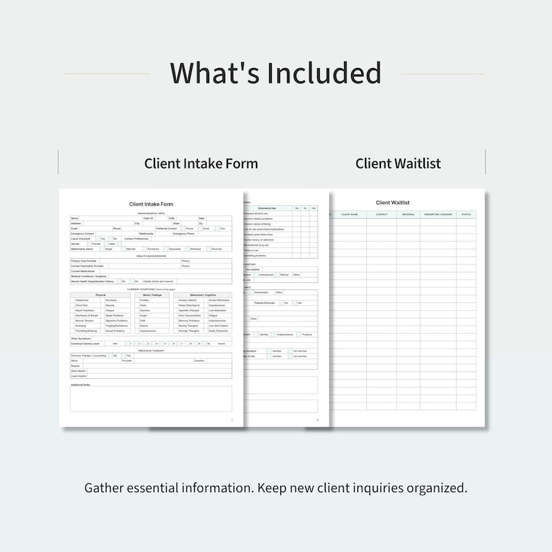K&ouml;nnte beinhalten: Ein digitales Dokumentenset mit dem Titel What's Included, bestehend aus einem Client Intake Form und einer Client Waitlist. Die Formulare sind wei&szlig; mit schwarzem Text und enthalten strukturierte Felder f&uuml;r pers&ouml;nliche Daten und Historie.