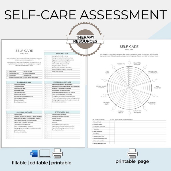 Self-Care Checkup Template Editable, Self-Care Check-in Printable, Mental Health Assessment Tools, Resources for Therapy Clients