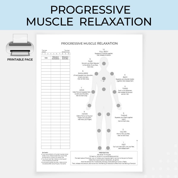 Progressive Muscle Relaxation Template, CBT Techniques Printable, Anxiety Coping Skills, Stress Management Tool