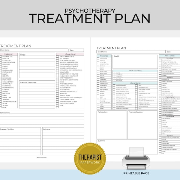 Psychotherapy Treatment Plan Printable, Therapist Paperwork, Counseling Treatment Plan, Therapy Tool