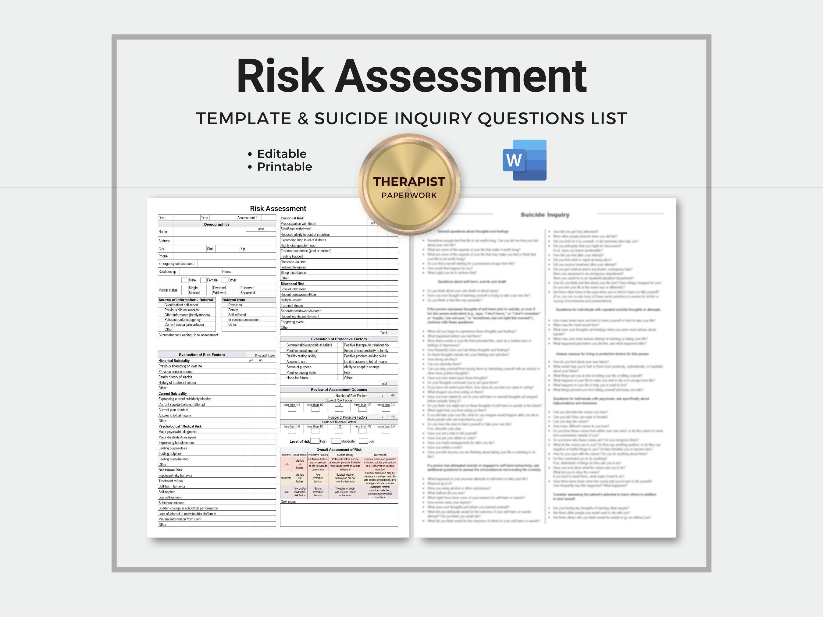 Risk Assessment Template, Suicide Inquiry Questions (fillable, Editable ...