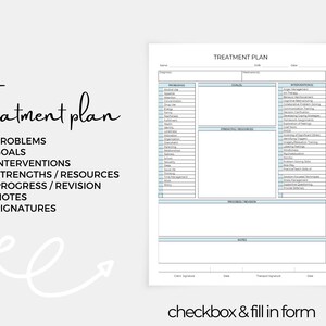 May include: A printable treatment plan checklist with sections for problems, goals, interventions, strengths and resources, progress and revision, notes, and signatures.