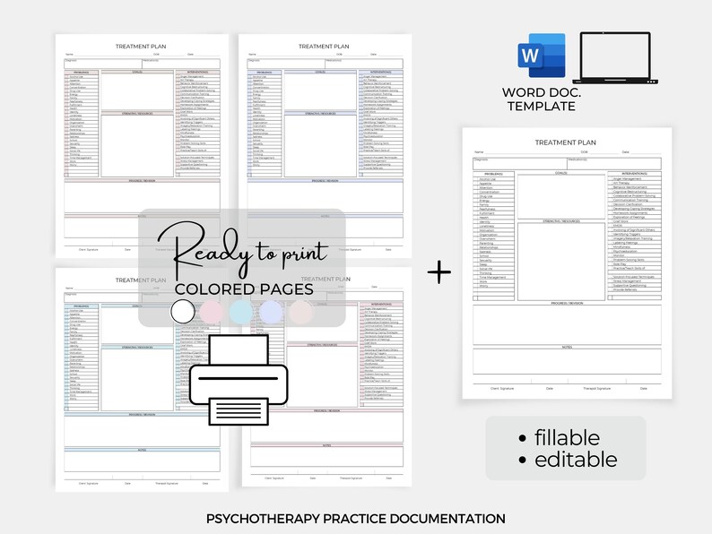 May include: A printable treatment plan template for psychotherapy practice documentation. The template is available in a Word document format and includes fillable and editable fields. The document is ready to print and comes with colored pages.