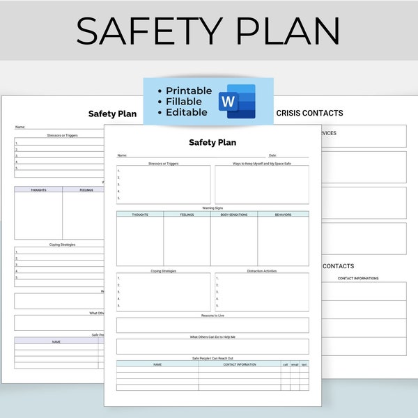 Safety Plan Template, Crisis Plan, Coping Skills, Suicide Prevention