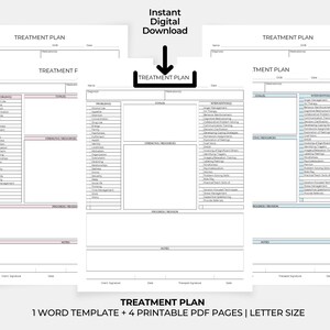 May include: A printable treatment plan template with four pages. The template includes sections for diagnosis, goals, interventions, and progress notes. The template is designed for use by therapists and other mental health professionals.
