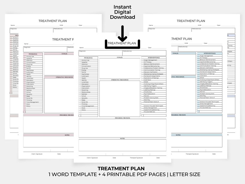May include: A printable treatment plan template with four pages. The template includes sections for diagnosis, goals, interventions, and progress notes. The template is designed for use by therapists and other mental health professionals.