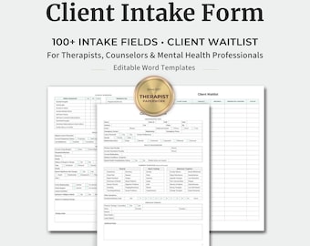 May include: A set of editable Word templates for therapy forms, including a client intake form and a client waitlist. The document features over 100 intake fields for therapists, counselors, and mental health professionals, with a gold seal.