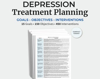 May include: A document titled Structured Reference Depression Treatment Planning Goals Objectives Interventions with 15 Goals 150 Objectives 450 Interventions and a Compact Format badge featuring a stack of printed pages with detailed text.