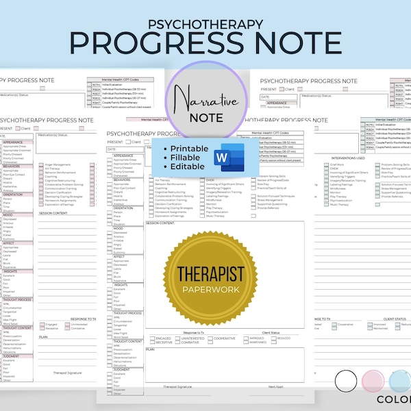 Psychotherapy Progress Note Template, Narrative Note, Therapy Practice Documentation, Therapist Paperwork