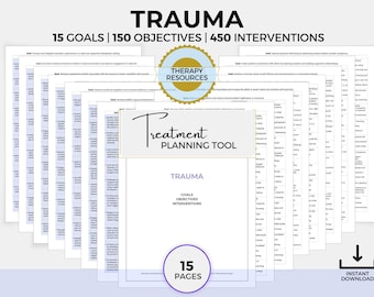 Può includere: Uno strumento di pianificazione del trattamento per il trauma stampabile. Il documento include 15 pagine con 15 obiettivi, 150 obiettivi e 450 interventi. Il documento è intitolato "Strumento di pianificazione del trattamento del trauma" e ha uno schema di colori viola e bianco.