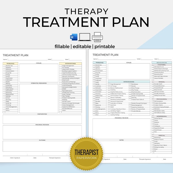 Psychotherapy Treatment Plan Editable Word Template, Counseling Plan, Mental Health, Therapist Paperwork, Instant Digital Download