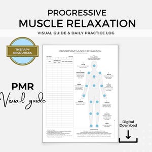 Può includere: Guida visiva e diario di pratica quotidiana per il rilassamento muscolare progressivo. La guida bianca presenta un diagramma del corpo umano con punti numerati e un diario di pratica. Il testo "Progressive Muscle Relaxation" è in alto.