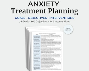 May include: A stack of white paper documents titled Anxiety Treatment Planning, featuring 16 goals, 160 objectives, and 480 interventions. The text includes a compact format label and a detailed table outlining specific coping strategies.