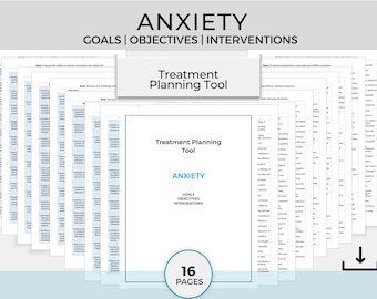 May include: A printable treatment planning tool for anxiety. The tool includes 16 pages with goals, objectives, and interventions to help manage anxiety.