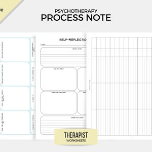Könnte beinhalten: Druckbare Prozessnotiz-Arbeitsblätter für die Psychotherapie mit Abschnitten für Übertragung, Selbstreflexion und Therapieintervention. Die Arbeitsblätter sind auf weißem Papier mit blauem und schwarzem Text.