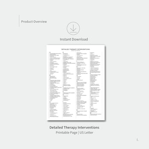 May include: A digital document titled Detailed Therapy Interventions featuring an alphabetical list of clinical phrases from A to W. The black and white printable page includes a Product Overview header, an instant download icon, and US Letter text.