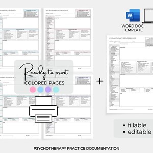 Op de afbeelding: Een set van vier printbare psychotherapie voortgangsnotitie sjablonen in verschillende kleuren. De sjablonen zijn klaar om te printen en zijn invulbaar en bewerkbaar in een Word-document formaat.