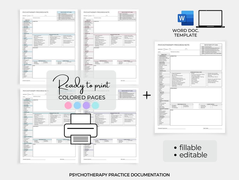 Op de afbeelding: Een set van vier printbare psychotherapie voortgangsnotitie sjablonen in verschillende kleuren. De sjablonen zijn klaar om te printen en zijn invulbaar en bewerkbaar in een Word-document formaat.