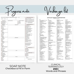 May include: A black and white printable psychotherapy progress note form with a checklist and fill-in sections. The form includes a section for SOAP notes, medication tracking, and a detailed therapy interventions list. The form is titled "Progress Note" and "Verbiage List".
