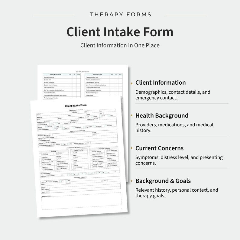 K&ouml;nnte beinhalten: Ein Satz Therapieformulare mit dem Titel Client Intake Form, der Abschnitte f&uuml;r Kundeninformationen, gesundheitlichen Hintergrund, aktuelle Anliegen sowie Hintergrund und Ziele enth&auml;lt, inklusive Tabellen f&uuml;r demografische Daten.