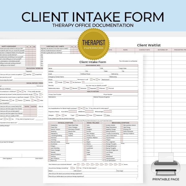 Client Intake Form Printable, Therapy Office Documentation, Counseling Intake Form, Therapy Forms