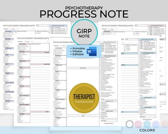 Plantilla de nota de progreso de psicoterapia, nota GIRP, documentación de práctica terapéutica, papeleo del terapeuta