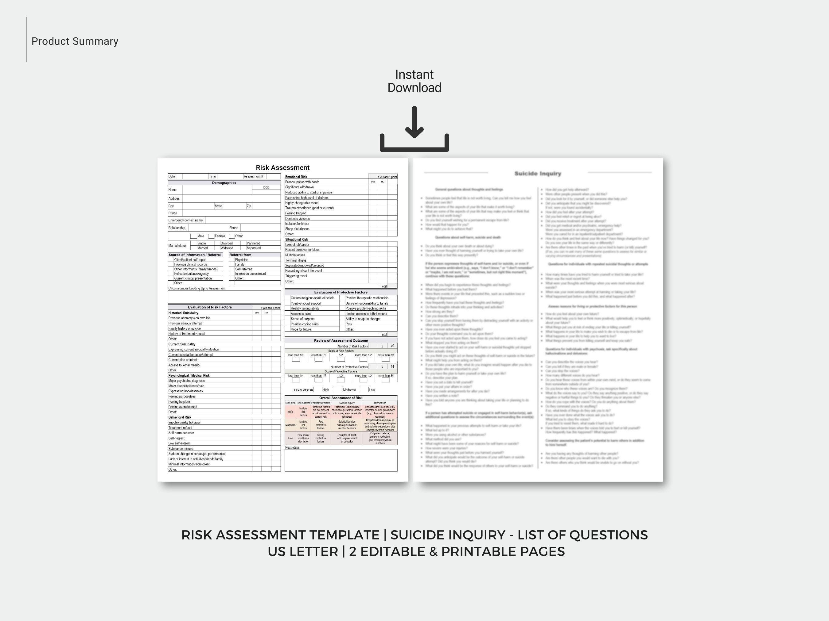 Risk Assessment Template, Suicide Inquiry Questions (fillable, Editable ...