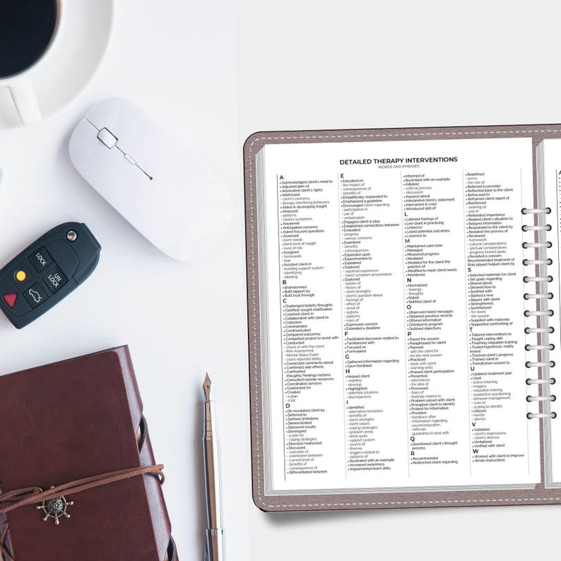 May include: A spiral-bound planner featuring a page titled Detailed Therapy Interventions with an alphabetical list of clinical actions. The planner has a grey cover and is positioned next to a white computer mouse, a car key fob, and a silver pen.