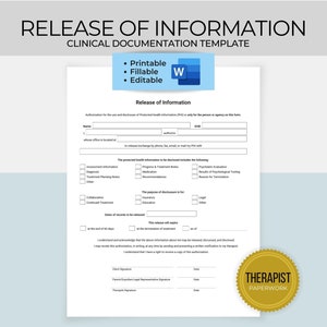 Divulgación de información, plantilla de documentación de práctica privada, formulario de consentimiento de ROI para terapeutas