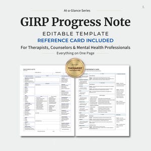 May include: A GIRP Progress Note editable template and reference card for mental health professionals. The document features structured sections for client information, mental status exams, goals, and interventions, all organized on a single page.