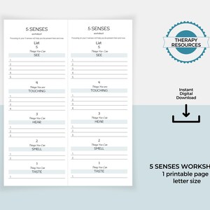 May include: A printable worksheet with two columns, each titled "5 Senses." Each column lists the five senses: See, Touch, Hear, Smell, and Taste.  Each sense has a list of things you can see, touch, hear, smell, and taste. The worksheet is titled "5 Senses Worksheet" and says "1 printable page, letter size."