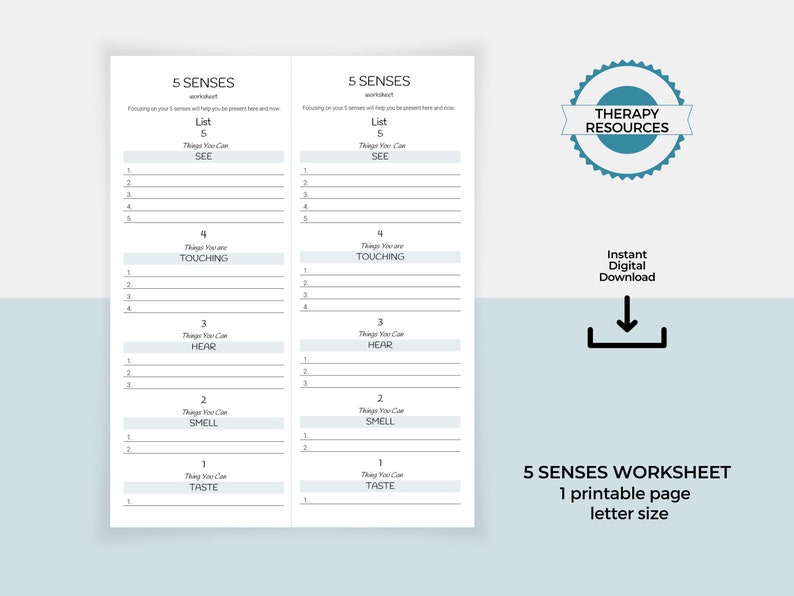 May include: A printable worksheet with two columns, each titled "5 Senses." Each column lists the five senses: See, Touch, Hear, Smell, and Taste.  Each sense has a list of things you can see, touch, hear, smell, and taste. The worksheet is titled "5 Senses Worksheet" and says "1 printable page, letter size."