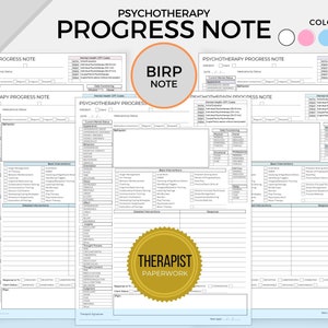 Modèle de note de progrès en psychothérapie, note BIRP imprimable, documentation sur la pratique de la thérapie, paperasse du thérapeute