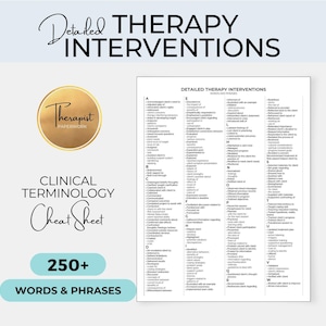 Therapy Interventions List, Clinical Terms Cheat Sheet, Reference for Progress Note, Therapist Words and Phrases