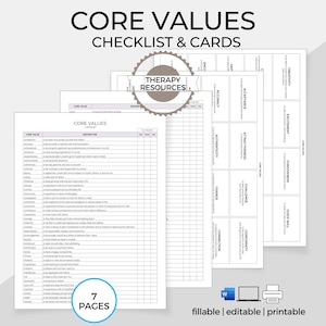 Identifying Core Values Worksheets, Clarification Core Values, CBT Worksheet