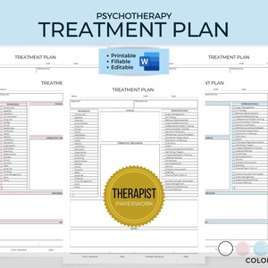 May include: A printable, fillable, and editable psychotherapy treatment plan template in Word format. The template includes sections for diagnosis, problems, interventions, strengths, and progress. The template is designed for therapists to use with their clients.
