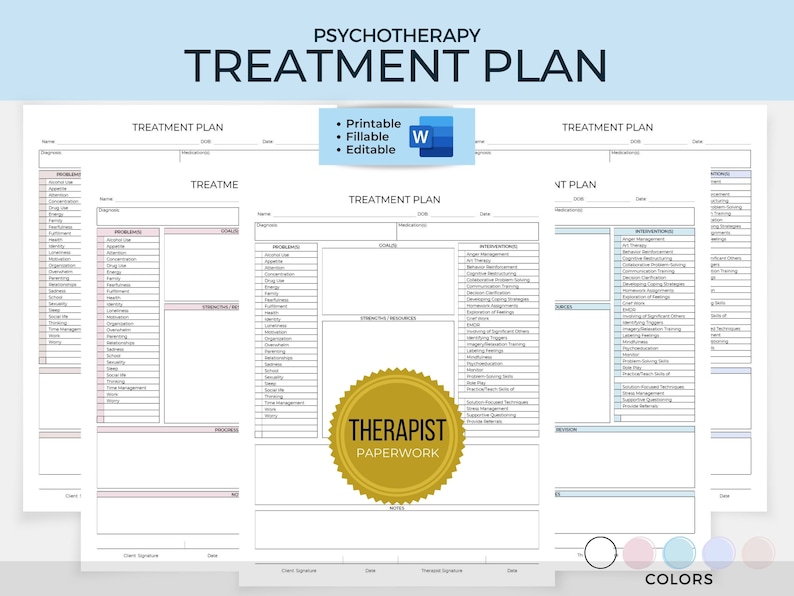 May include: A printable, fillable, and editable psychotherapy treatment plan template in Word format. The template includes sections for diagnosis, problems, interventions, strengths, and progress. The template is designed for therapists to use with their clients.