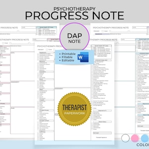 Puede incluir: Una plantilla de nota de progreso de psicoterapia imprimible en un esquema de color blanco, gris y rosa. La plantilla incluye secciones para la información del cliente, el estado actual, las intervenciones utilizadas y las notas de evaluación. El texto "DAP NOTE" está en un círculo rosa en la parte superior de la página. El texto "THERAPIST PAPERWORK" está en un círculo dorado en la parte inferior de la página.