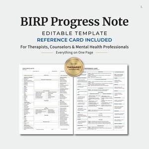 May include: A BIRP Progress Note editable template and reference card for mental health professionals. The document features structured sections for client information, clinical observations, and treatment plans, all organized on a single page.